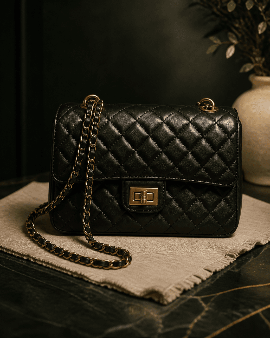 Black quilted flap handbag with gold hardware