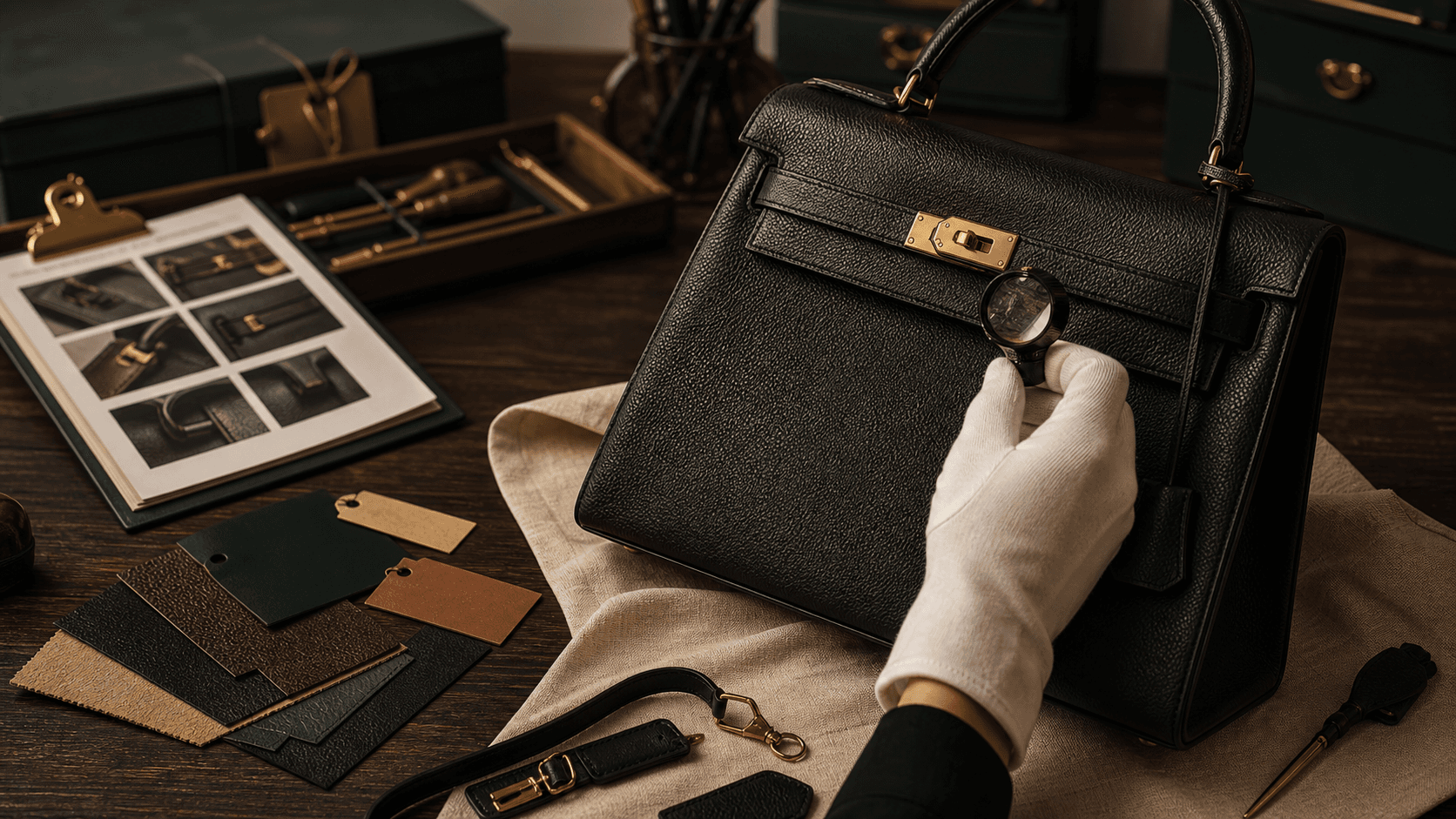 A specialist inspecting a leather handbag in the M'llice atelier