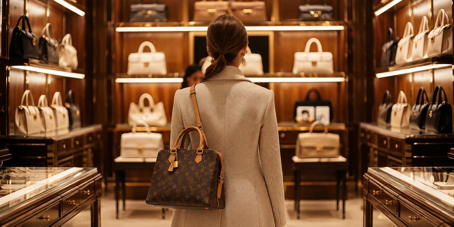 A woman with a monogram handbag browsing shelves of designer bags in a wood-panelled boutique