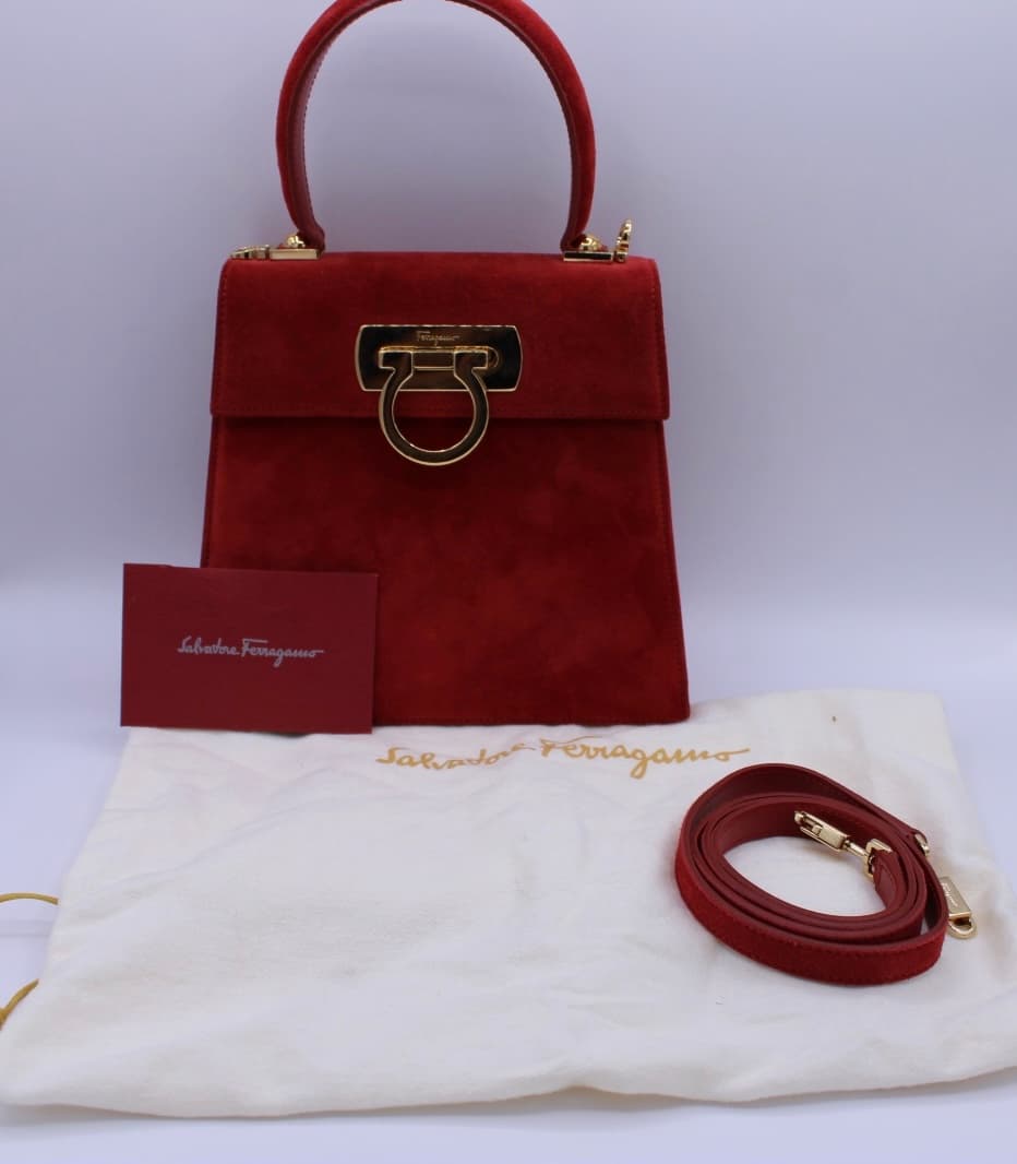 Salvatore Ferragamo Iconic Gancini Top Handle Bag in Red Suede